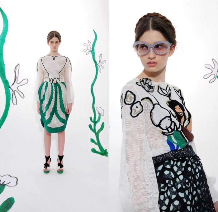 Tsumori Chisato 2014 Resort Womens Presentation - Pre Spring Cruise Collection - Aquarium Sea Animals Jellyfish Clam Octopus Prints Printed Leggings Tulle Peek-A-Boo Bell Sleeves Dresses Outerwear Coat Robe Kimono: Designer Denim Jeans Fashion: Season Collections, Runways, Lookbooks and Linesheets