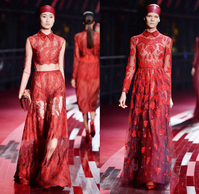 Valentino 2014 Spring Summer Runway Collection - Shanghai China Flagship Store Launch Celebration - Red Motorcycle Biker Sheer Chiffon Lace Peek-A-Boo Leather Camouflage Animal Safari Leopard Studs Flowers Florals Dresses Gowns Outerwear Coats Palazzo Pants: Designer Denim Jeans Fashion: Season Collections, Runways, Lookbooks and Linesheets