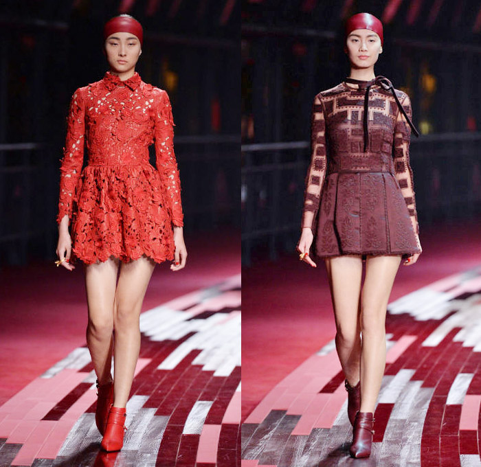 Valentino 2014 Spring Summer Runway Collection - Shanghai China Flagship Store Launch Celebration - Red Motorcycle Biker Sheer Chiffon Lace Peek-A-Boo Leather Camouflage Animal Safari Leopard Studs Flowers Florals Dresses Gowns Outerwear Coats Palazzo Pants: Designer Denim Jeans Fashion: Season Collections, Runways, Lookbooks and Linesheets