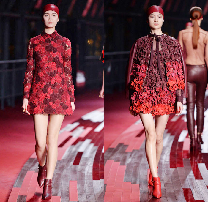 Valentino 2014 Spring Summer Runway Collection - Shanghai China Flagship Store Launch Celebration - Red Motorcycle Biker Sheer Chiffon Lace Peek-A-Boo Leather Camouflage Animal Safari Leopard Studs Flowers Florals Dresses Gowns Outerwear Coats Palazzo Pants: Designer Denim Jeans Fashion: Season Collections, Runways, Lookbooks and Linesheets