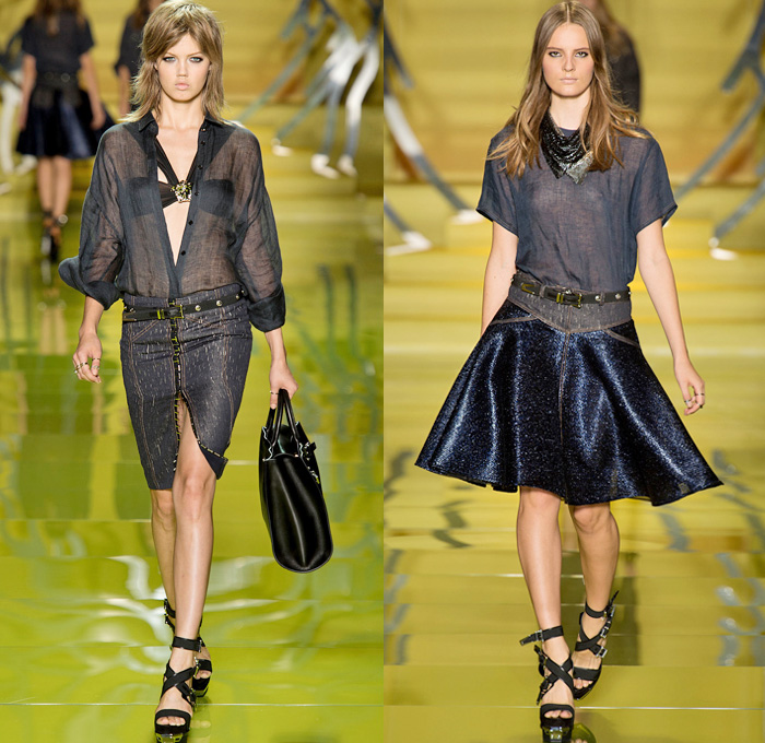 Versace 2014 Spring Summer Womens Runway Collection - Milan Fashion Week - Rock n Roll Streetwear Denim Jeans Leather Jacket Motorcycle Biker Belts Silk Flowers Floral Dresses Sheer Peek-A-Boo Blouses: Designer Denim Jeans Fashion: Season Collections, Runways, Lookbooks and Linesheets