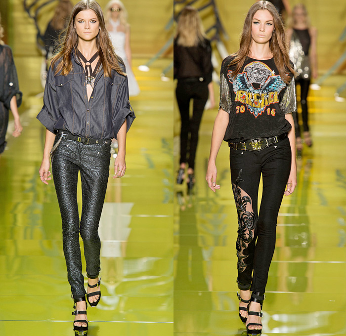 Versace 2014 Spring Summer Womens Runway Collection - Milan Fashion Week - Rock n Roll Streetwear Denim Jeans Leather Jacket Motorcycle Biker Belts Silk Flowers Floral Dresses Sheer Peek-A-Boo Blouses: Designer Denim Jeans Fashion: Season Collections, Runways, Lookbooks and Linesheets