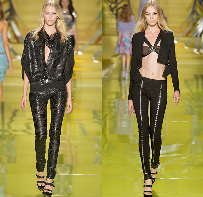 Versace 2014 Spring Summer Womens Runway Collection - Milan Fashion Week - Rock n Roll Streetwear Denim Jeans Leather Jacket Motorcycle Biker Belts Silk Flowers Floral Dresses Sheer Peek-A-Boo Blouses: Designer Denim Jeans Fashion: Season Collections, Runways, Lookbooks and Linesheets