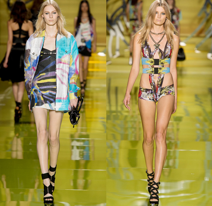 Versace 2014 Spring Summer Womens Runway Collection - Milan Fashion Week - Rock n Roll Streetwear Denim Jeans Leather Jacket Motorcycle Biker Belts Silk Flowers Floral Dresses Sheer Peek-A-Boo Blouses: Designer Denim Jeans Fashion: Season Collections, Runways, Lookbooks and Linesheets