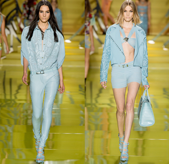 Versace 2014 Spring Summer Womens Runway Collection - Milan Fashion Week - Rock n Roll Streetwear Denim Jeans Leather Jacket Motorcycle Biker Belts Silk Flowers Floral Dresses Sheer Peek-A-Boo Blouses: Designer Denim Jeans Fashion: Season Collections, Runways, Lookbooks and Linesheets