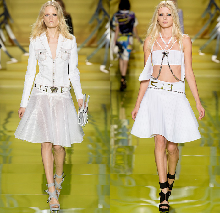 Versace 2014 Spring Summer Womens Runway Collection - Milan Fashion Week - Rock n Roll Streetwear Denim Jeans Leather Jacket Motorcycle Biker Belts Silk Flowers Floral Dresses Sheer Peek-A-Boo Blouses: Designer Denim Jeans Fashion: Season Collections, Runways, Lookbooks and Linesheets