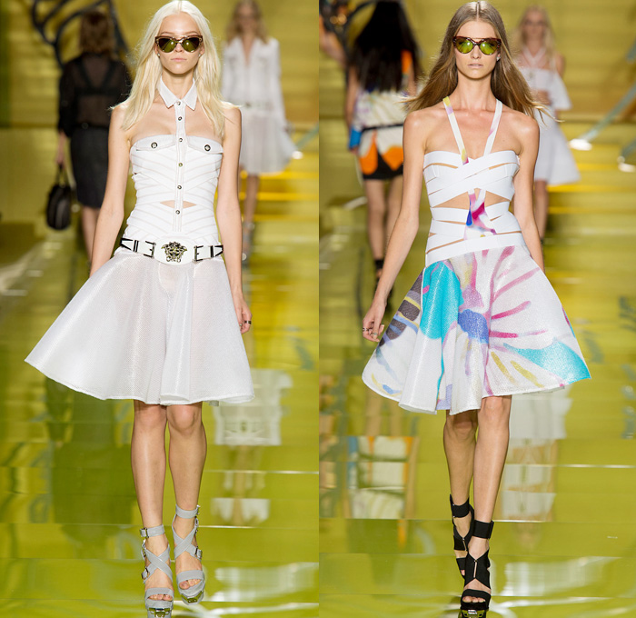 Versace 2014 Spring Summer Womens Runway Collection - Milan Fashion Week - Rock n Roll Streetwear Denim Jeans Leather Jacket Motorcycle Biker Belts Silk Flowers Floral Dresses Sheer Peek-A-Boo Blouses: Designer Denim Jeans Fashion: Season Collections, Runways, Lookbooks and Linesheets