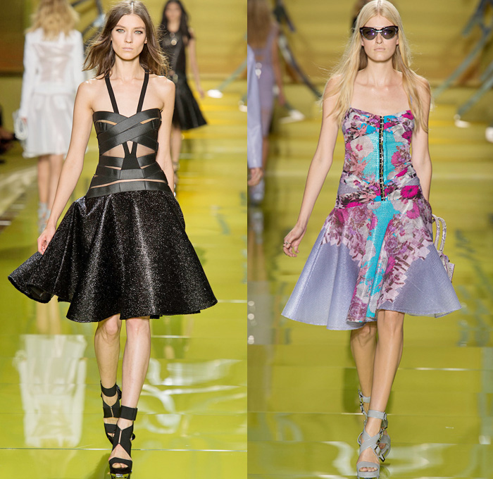 Versace 2014 Spring Summer Womens Runway Collection - Milan Fashion Week - Rock n Roll Streetwear Denim Jeans Leather Jacket Motorcycle Biker Belts Silk Flowers Floral Dresses Sheer Peek-A-Boo Blouses: Designer Denim Jeans Fashion: Season Collections, Runways, Lookbooks and Linesheets