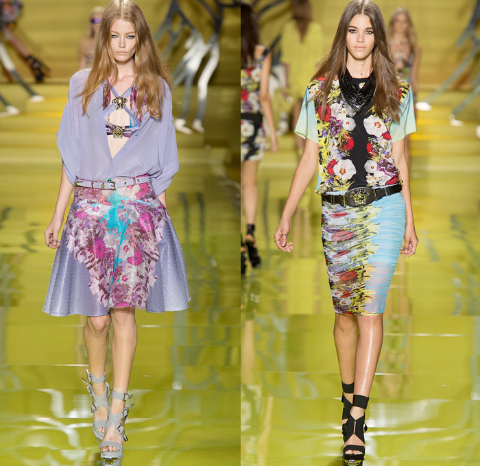 Versace 2014 Spring Summer Womens Runway Collection - Milan Fashion Week - Rock n Roll Streetwear Denim Jeans Leather Jacket Motorcycle Biker Belts Silk Flowers Floral Dresses Sheer Peek-A-Boo Blouses: Designer Denim Jeans Fashion: Season Collections, Runways, Lookbooks and Linesheets