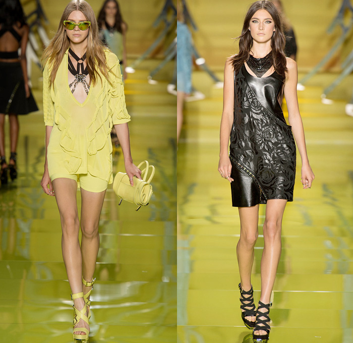 Versace 2014 Spring Summer Womens Runway Collection - Milan Fashion Week - Rock n Roll Streetwear Denim Jeans Leather Jacket Motorcycle Biker Belts Silk Flowers Floral Dresses Sheer Peek-A-Boo Blouses: Designer Denim Jeans Fashion: Season Collections, Runways, Lookbooks and Linesheets