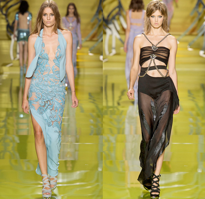 Versace 2014 Spring Summer Womens Runway Collection - Milan Fashion Week - Rock n Roll Streetwear Denim Jeans Leather Jacket Motorcycle Biker Belts Silk Flowers Floral Dresses Sheer Peek-A-Boo Blouses: Designer Denim Jeans Fashion: Season Collections, Runways, Lookbooks and Linesheets