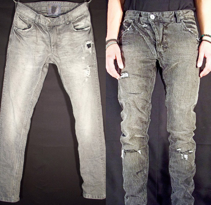 (5a) X1 Grey S1/W Wash 13 oz Slim Tapered Denim Jeans - (5b) X2 Stoneblack V1/W 13 oz Fit Tapered Denim Jeans - Versuchskind Berlin 2014 Spring Summer Mens Collection - Denim Jeans Twist Fit Tapered Grunge Wash Destroyed Destructed: Designer Denim Jeans Fashion: Season Collections, Runways, Lookbooks and Linesheets