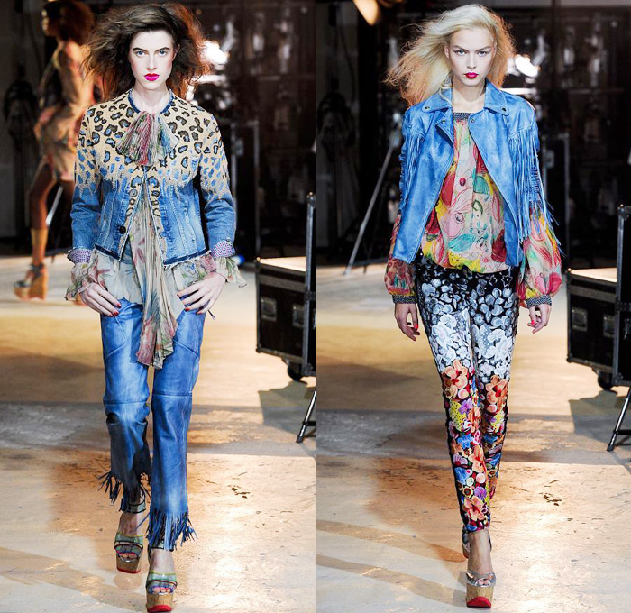 Wunderkind 2014 Spring Summer Womens Runway Collection - Paris Fashion Week - Mode à Paris - Old West Fringes Denim Jeans Motorcycle Biker Jacket Flowers Florals Motif Prints Flags Net Mesh Peek-A-Boo Stripes Leggings: Designer Denim Jeans Fashion: Season Collections, Runways, Lookbooks and Linesheets