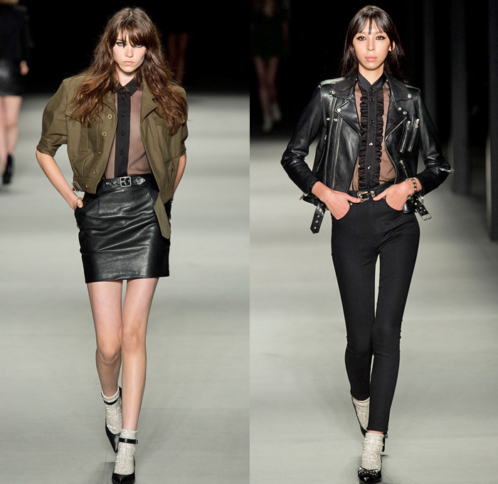 Saint Laurent 2014 Spring Summer Womens Runway Collection - Paris Fashion Week - Mode à Paris - Jean Jacket Motorcycle Biker Leather Robe Kimono Sheer Chiffon Mesh Net Peek-A-Boo Houndstooth Lips Kisses Zigzag Zebra Motif Print Pattern Ruffles Handkerchief Hem Jumpsuit: Designer Denim Jeans Fashion: Season Collections, Runways, Lookbooks and Linesheets