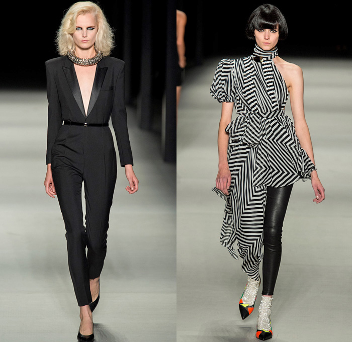 Saint Laurent 2014 Spring Summer Womens Runway Collection - Paris Fashion Week - Mode à Paris - Jean Jacket Motorcycle Biker Leather Robe Kimono Sheer Chiffon Mesh Net Peek-A-Boo Houndstooth Lips Kisses Zigzag Zebra Motif Print Pattern Ruffles Handkerchief Hem Jumpsuit: Designer Denim Jeans Fashion: Season Collections, Runways, Lookbooks and Linesheets