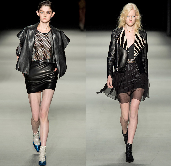 Saint Laurent 2014 Spring Summer Womens Runway Collection - Paris Fashion Week - Mode à Paris - Jean Jacket Motorcycle Biker Leather Robe Kimono Sheer Chiffon Mesh Net Peek-A-Boo Houndstooth Lips Kisses Zigzag Zebra Motif Print Pattern Ruffles Handkerchief Hem Jumpsuit: Designer Denim Jeans Fashion: Season Collections, Runways, Lookbooks and Linesheets