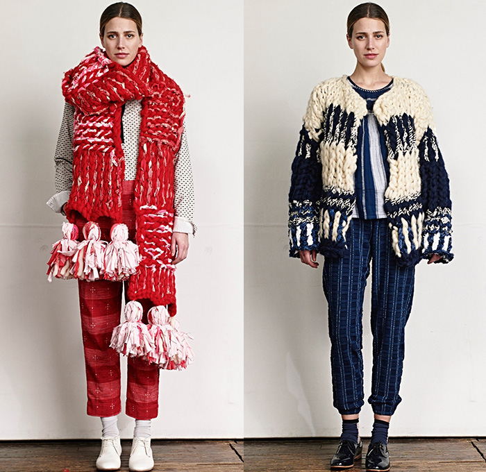 Ace + Jig 2015-2016 Fall Autumn Winter Womens Lookbook Presentation - Chunky Knit Outerwear Robe Cloak Cardigan Jacket Railroad Stripes Polka Dots Quilted Wide Leg Cropped Trousers Palazzo Pants Reversible Plaid Scarf Fringes Onesie Jumpsuit Salopette Coveralls Playsuit Bib Brace Shirt Sash Waist Vest Waistcoat Skirt Frock Hat Dress Floppy Hat Windowpane Check Geometric 