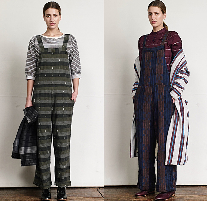 Ace + Jig 2015-2016 Fall Autumn Winter Womens Lookbook Presentation - Chunky Knit Outerwear Robe Cloak Cardigan Jacket Railroad Stripes Polka Dots Quilted Wide Leg Cropped Trousers Palazzo Pants Reversible Plaid Scarf Fringes Onesie Jumpsuit Salopette Coveralls Playsuit Bib Brace Shirt Sash Waist Vest Waistcoat Skirt Frock Hat Dress Floppy Hat Windowpane Check Geometric 