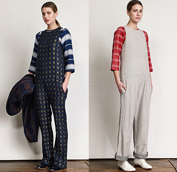 Ace + Jig 2015-2016 Fall Autumn Winter Womens Lookbook Presentation - Chunky Knit Outerwear Robe Cloak Cardigan Jacket Railroad Stripes Polka Dots Quilted Wide Leg Cropped Trousers Palazzo Pants Reversible Plaid Scarf Fringes Onesie Jumpsuit Salopette Coveralls Playsuit Bib Brace Shirt Sash Waist Vest Waistcoat Skirt Frock Hat Dress Floppy Hat Windowpane Check Geometric 