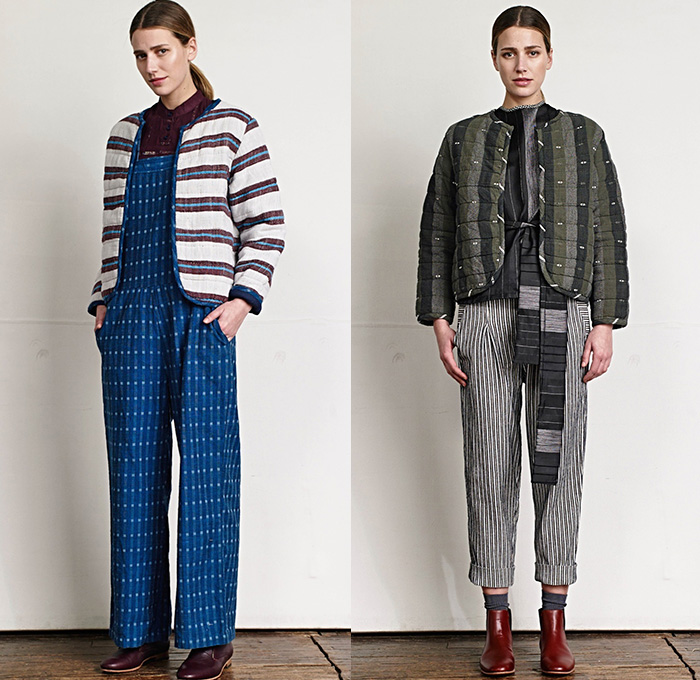 Ace + Jig 2015-2016 Fall Autumn Winter Womens Lookbook Presentation - Chunky Knit Outerwear Robe Cloak Cardigan Jacket Railroad Stripes Polka Dots Quilted Wide Leg Cropped Trousers Palazzo Pants Reversible Plaid Scarf Fringes Onesie Jumpsuit Salopette Coveralls Playsuit Bib Brace Shirt Sash Waist Vest Waistcoat Skirt Frock Hat Dress Floppy Hat Windowpane Check Geometric 