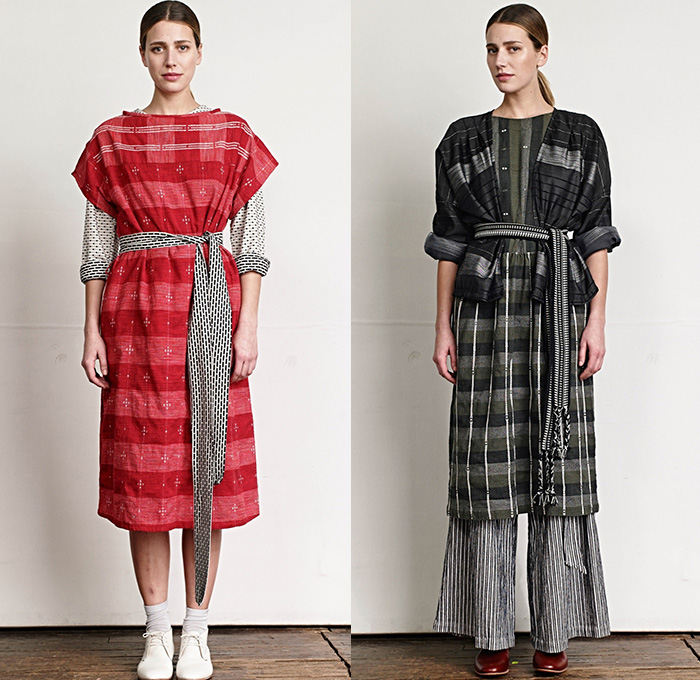 Ace + Jig 2015-2016 Fall Autumn Winter Womens Lookbook Presentation - Chunky Knit Outerwear Robe Cloak Cardigan Jacket Railroad Stripes Polka Dots Quilted Wide Leg Cropped Trousers Palazzo Pants Reversible Plaid Scarf Fringes Onesie Jumpsuit Salopette Coveralls Playsuit Bib Brace Shirt Sash Waist Vest Waistcoat Skirt Frock Hat Dress Floppy Hat Windowpane Check Geometric 