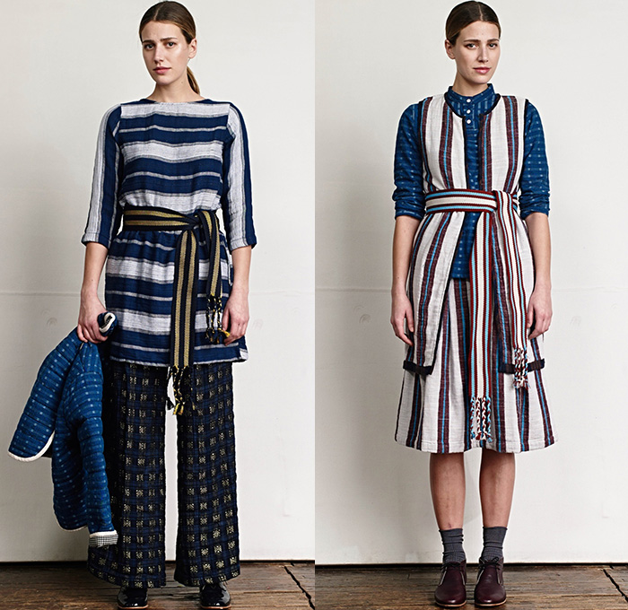 Ace + Jig 2015-2016 Fall Autumn Winter Womens Lookbook Presentation - Chunky Knit Outerwear Robe Cloak Cardigan Jacket Railroad Stripes Polka Dots Quilted Wide Leg Cropped Trousers Palazzo Pants Reversible Plaid Scarf Fringes Onesie Jumpsuit Salopette Coveralls Playsuit Bib Brace Shirt Sash Waist Vest Waistcoat Skirt Frock Hat Dress Floppy Hat Windowpane Check Geometric 