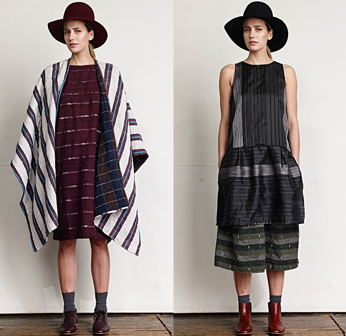 Ace + Jig 2015-2016 Fall Autumn Winter Womens Lookbook Presentation - Chunky Knit Outerwear Robe Cloak Cardigan Jacket Railroad Stripes Polka Dots Quilted Wide Leg Cropped Trousers Palazzo Pants Reversible Plaid Scarf Fringes Onesie Jumpsuit Salopette Coveralls Playsuit Bib Brace Shirt Sash Waist Vest Waistcoat Skirt Frock Hat Dress Floppy Hat Windowpane Check Geometric 