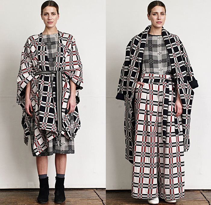 Ace + Jig 2015-2016 Fall Autumn Winter Womens Lookbook Presentation - Chunky Knit Outerwear Robe Cloak Cardigan Jacket Railroad Stripes Polka Dots Quilted Wide Leg Cropped Trousers Palazzo Pants Reversible Plaid Scarf Fringes Onesie Jumpsuit Salopette Coveralls Playsuit Bib Brace Shirt Sash Waist Vest Waistcoat Skirt Frock Hat Dress Floppy Hat Windowpane Check Geometric 