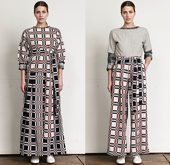 Ace + Jig 2015-2016 Fall Autumn Winter Womens Lookbook Presentation - Chunky Knit Outerwear Robe Cloak Cardigan Jacket Railroad Stripes Polka Dots Quilted Wide Leg Cropped Trousers Palazzo Pants Reversible Plaid Scarf Fringes Onesie Jumpsuit Salopette Coveralls Playsuit Bib Brace Shirt Sash Waist Vest Waistcoat Skirt Frock Hat Dress Floppy Hat Windowpane Check Geometric 