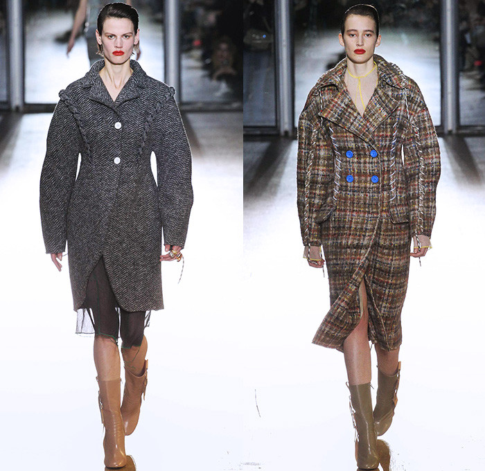 Acne Studios 2015-2016 Fall Autumn Winter Womens Runway Catwalk Looks - Mode à Paris Fashion Week Mode Féminin France - Denim Jeans Cargo Pockets Handkerchief Hem Shearling Outerwear Coat Blazer Jacket Wool Stitched Fringes Checks Santa Claus Long Hem Sheer Chiffon Patchwork Multi-Panel Sleeveless Leather Raw Hem Frayed Leggings High Waist Sweaterdress Pants Trousers Asymmetrical Miniskirt Toggle Dress