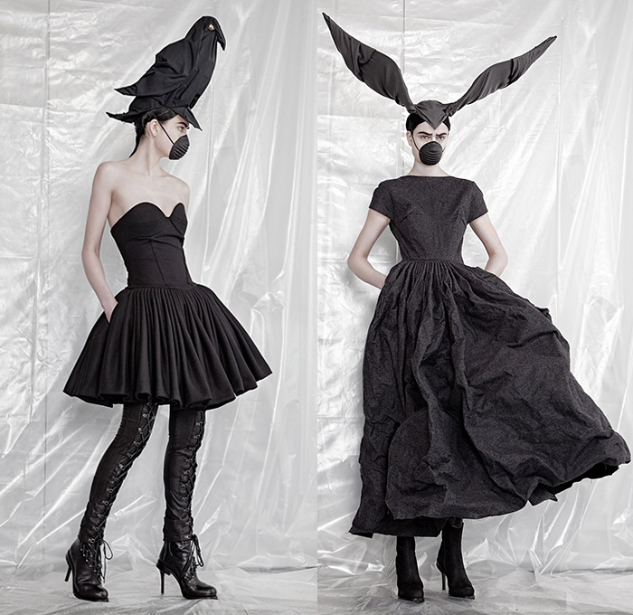 A.F. Vandevorst 2015-2016 Fall Autumn Winter Womens Lookbook Presentation - Mode à Paris Fashion Week Mode Féminin France - Apocalyptic Black Dark Lace Up Boots Chunky Knit Drapery Mask Wrap Dress Accordion Pleats Crow Hat Mask Boots Leather Headwear Rabbit Ears Fringes Hat Robe Scarf Shawl Cape Cloak Pants Trousers Furry Skirt Frock Bomber Jacket Rocker Leggings Flowers Florals Vest Waistcoat Frayed Raw Hem