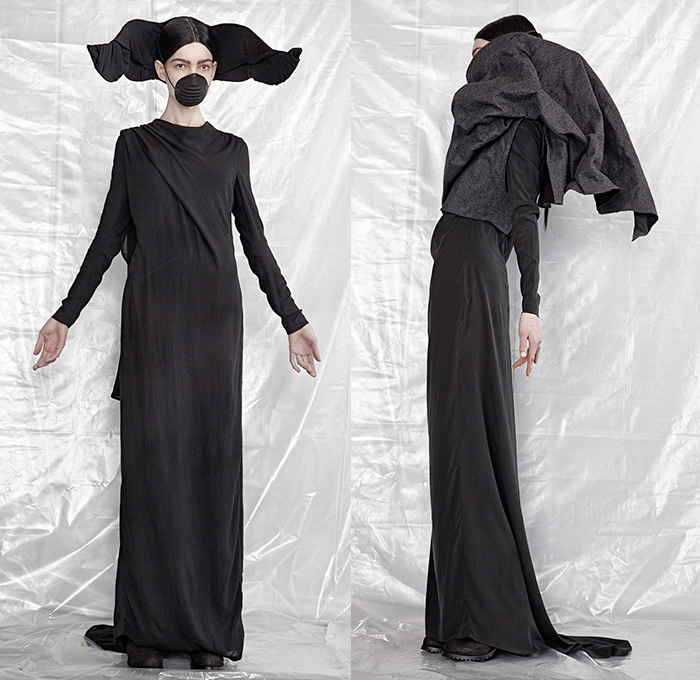 A.F. Vandevorst 2015-2016 Fall Autumn Winter Womens Lookbook Presentation - Mode à Paris Fashion Week Mode Féminin France - Apocalyptic Black Dark Lace Up Boots Chunky Knit Drapery Mask Wrap Dress Accordion Pleats Crow Hat Mask Boots Leather Headwear Rabbit Ears Fringes Hat Robe Scarf Shawl Cape Cloak Pants Trousers Furry Skirt Frock Bomber Jacket Rocker Leggings Flowers Florals Vest Waistcoat Frayed Raw Hem