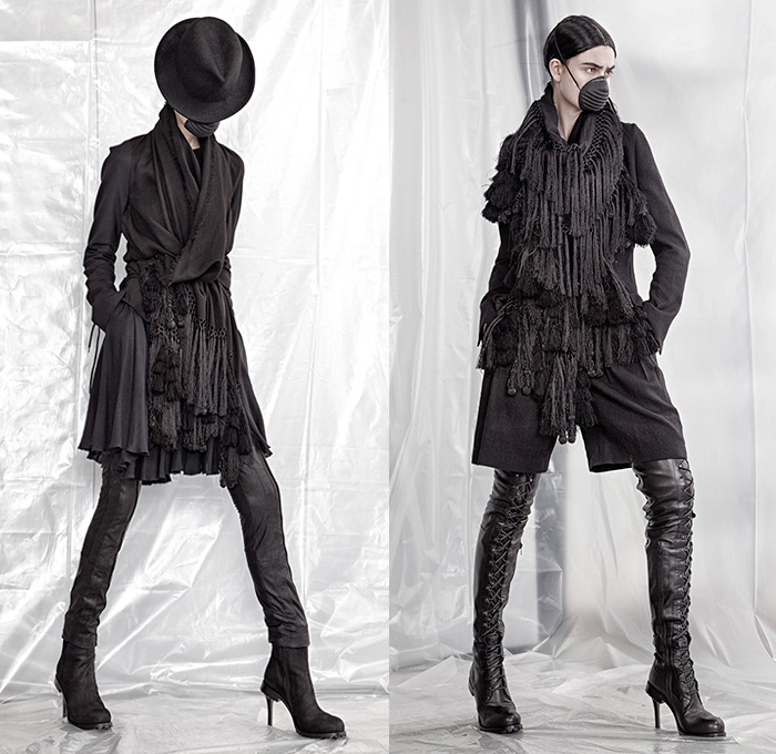 A.F. Vandevorst 2015-2016 Fall Autumn Winter Womens Lookbook Presentation - Mode à Paris Fashion Week Mode Féminin France - Apocalyptic Black Dark Lace Up Boots Chunky Knit Drapery Mask Wrap Dress Accordion Pleats Crow Hat Mask Boots Leather Headwear Rabbit Ears Fringes Hat Robe Scarf Shawl Cape Cloak Pants Trousers Furry Skirt Frock Bomber Jacket Rocker Leggings Flowers Florals Vest Waistcoat Frayed Raw Hem