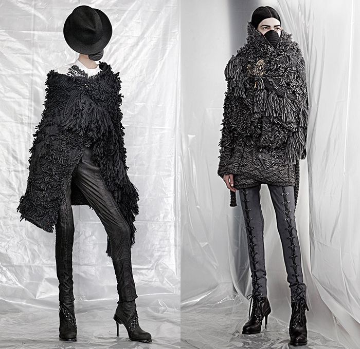 A.F. Vandevorst 2015-2016 Fall Autumn Winter Womens Lookbook Presentation - Mode à Paris Fashion Week Mode Féminin France - Apocalyptic Black Dark Lace Up Boots Chunky Knit Drapery Mask Wrap Dress Accordion Pleats Crow Hat Mask Boots Leather Headwear Rabbit Ears Fringes Hat Robe Scarf Shawl Cape Cloak Pants Trousers Furry Skirt Frock Bomber Jacket Rocker Leggings Flowers Florals Vest Waistcoat Frayed Raw Hem