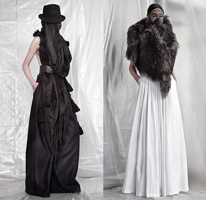 A.F. Vandevorst 2015-2016 Fall Autumn Winter Womens Lookbook Presentation - Mode à Paris Fashion Week Mode Féminin France - Apocalyptic Black Dark Lace Up Boots Chunky Knit Drapery Mask Wrap Dress Accordion Pleats Crow Hat Mask Boots Leather Headwear Rabbit Ears Fringes Hat Robe Scarf Shawl Cape Cloak Pants Trousers Furry Skirt Frock Bomber Jacket Rocker Leggings Flowers Florals Vest Waistcoat Frayed Raw Hem