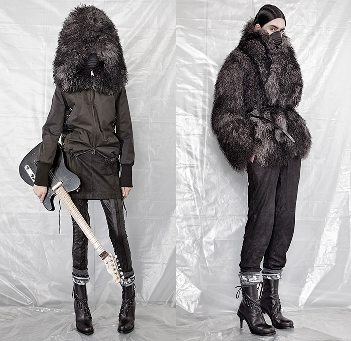 A.F. Vandevorst 2015-2016 Fall Autumn Winter Womens Lookbook Presentation - Mode à Paris Fashion Week Mode Féminin France - Apocalyptic Black Dark Lace Up Boots Chunky Knit Drapery Mask Wrap Dress Accordion Pleats Crow Hat Mask Boots Leather Headwear Rabbit Ears Fringes Hat Robe Scarf Shawl Cape Cloak Pants Trousers Furry Skirt Frock Bomber Jacket Rocker Leggings Flowers Florals Vest Waistcoat Frayed Raw Hem