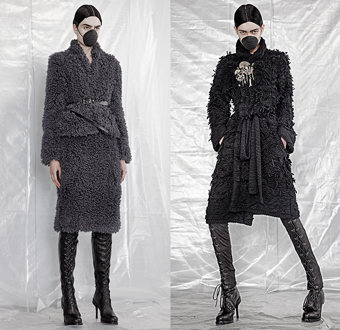 A.F. Vandevorst 2015-2016 Fall Autumn Winter Womens Lookbook Presentation - Mode à Paris Fashion Week Mode Féminin France - Apocalyptic Black Dark Lace Up Boots Chunky Knit Drapery Mask Wrap Dress Accordion Pleats Crow Hat Mask Boots Leather Headwear Rabbit Ears Fringes Hat Robe Scarf Shawl Cape Cloak Pants Trousers Furry Skirt Frock Bomber Jacket Rocker Leggings Flowers Florals Vest Waistcoat Frayed Raw Hem