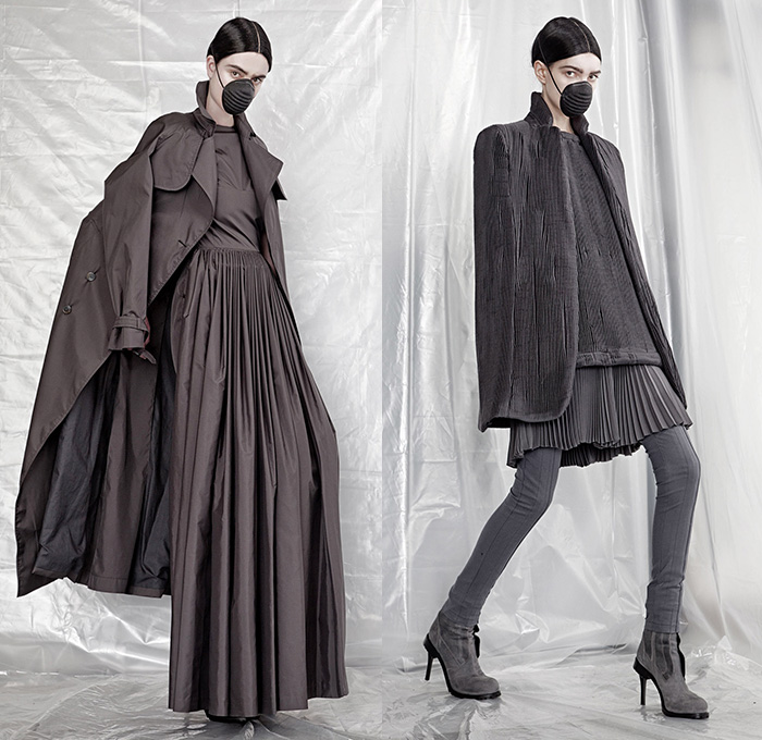 A.F. Vandevorst 2015-2016 Fall Autumn Winter Womens Lookbook Presentation - Mode à Paris Fashion Week Mode Féminin France - Apocalyptic Black Dark Lace Up Boots Chunky Knit Drapery Mask Wrap Dress Accordion Pleats Crow Hat Mask Boots Leather Headwear Rabbit Ears Fringes Hat Robe Scarf Shawl Cape Cloak Pants Trousers Furry Skirt Frock Bomber Jacket Rocker Leggings Flowers Florals Vest Waistcoat Frayed Raw Hem