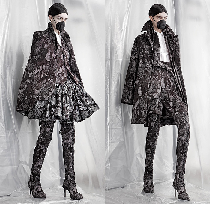 A.F. Vandevorst 2015-2016 Fall Autumn Winter Womens Lookbook Presentation - Mode à Paris Fashion Week Mode Féminin France - Apocalyptic Black Dark Lace Up Boots Chunky Knit Drapery Mask Wrap Dress Accordion Pleats Crow Hat Mask Boots Leather Headwear Rabbit Ears Fringes Hat Robe Scarf Shawl Cape Cloak Pants Trousers Furry Skirt Frock Bomber Jacket Rocker Leggings Flowers Florals Vest Waistcoat Frayed Raw Hem