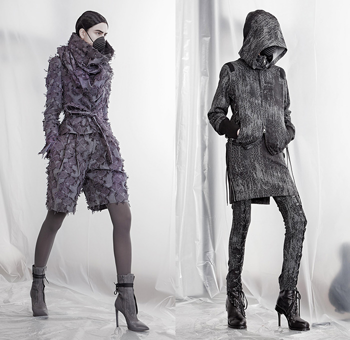 A.F. Vandevorst 2015-2016 Fall Autumn Winter Womens Lookbook Presentation - Mode à Paris Fashion Week Mode Féminin France - Apocalyptic Black Dark Lace Up Boots Chunky Knit Drapery Mask Wrap Dress Accordion Pleats Crow Hat Mask Boots Leather Headwear Rabbit Ears Fringes Hat Robe Scarf Shawl Cape Cloak Pants Trousers Furry Skirt Frock Bomber Jacket Rocker Leggings Flowers Florals Vest Waistcoat Frayed Raw Hem