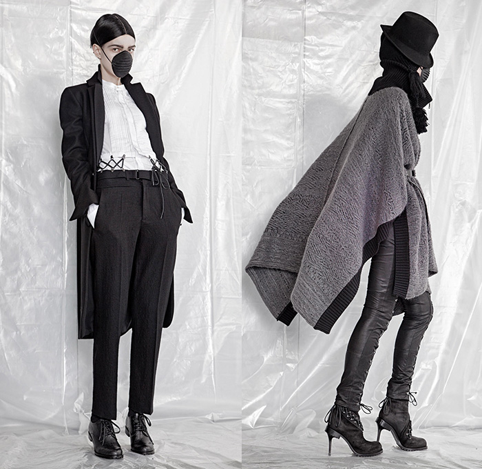 A.F. Vandevorst 2015-2016 Fall Autumn Winter Womens Lookbook Presentation - Mode à Paris Fashion Week Mode Féminin France - Apocalyptic Black Dark Lace Up Boots Chunky Knit Drapery Mask Wrap Dress Accordion Pleats Crow Hat Mask Boots Leather Headwear Rabbit Ears Fringes Hat Robe Scarf Shawl Cape Cloak Pants Trousers Furry Skirt Frock Bomber Jacket Rocker Leggings Flowers Florals Vest Waistcoat Frayed Raw Hem