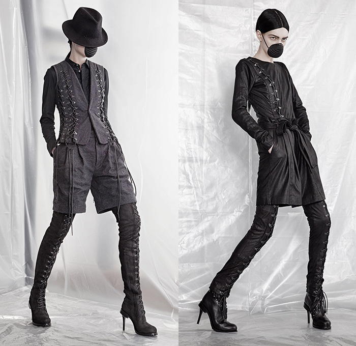 A.F. Vandevorst 2015-2016 Fall Autumn Winter Womens Lookbook Presentation - Mode à Paris Fashion Week Mode Féminin France - Apocalyptic Black Dark Lace Up Boots Chunky Knit Drapery Mask Wrap Dress Accordion Pleats Crow Hat Mask Boots Leather Headwear Rabbit Ears Fringes Hat Robe Scarf Shawl Cape Cloak Pants Trousers Furry Skirt Frock Bomber Jacket Rocker Leggings Flowers Florals Vest Waistcoat Frayed Raw Hem