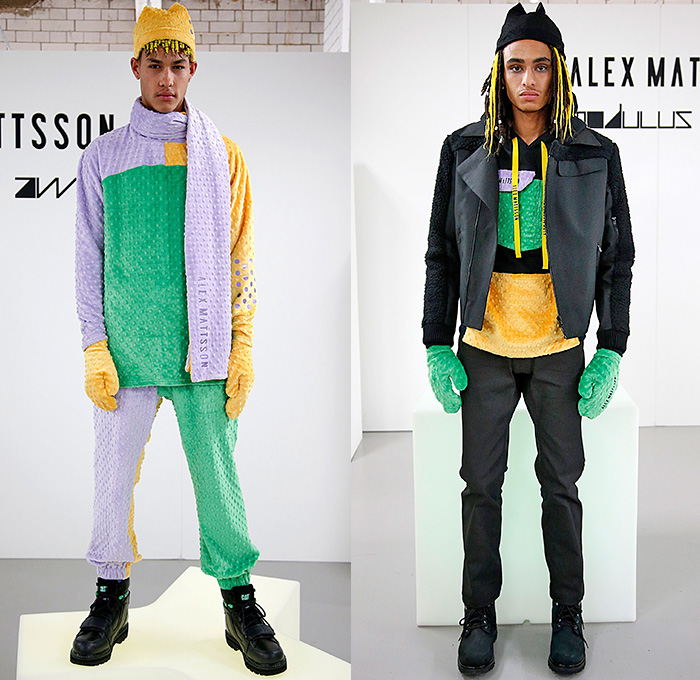 Alex Mattsson 2015-2016 Fall Autumn Winter Mens Presentation Looks - London Collections: Men British Fashion Council UK United Kingdom - Streetwear Bib Brace Jumpsuit Coveralls Dungarees Cargo Pockets Fleece Utility Hoodie Sweatshirt Color Block Beanie Gloves Cap Sweater Jumper CAT boots Scarf Multi-Panel Shirt Corduroy Stripes Quilted Hand Warmers