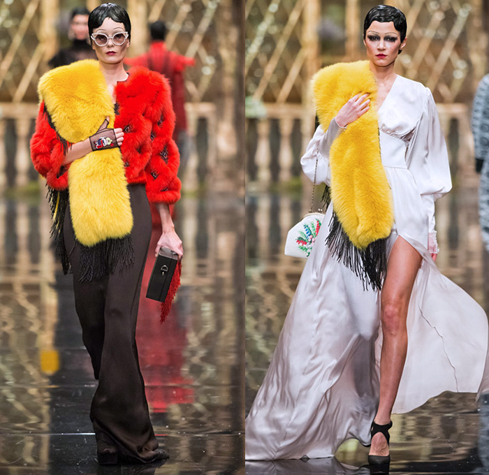 Alexander Arutyunov 2015-2016 Fall Autumn Winter Womens Runway Catwalk Looks - Fashion Week Moscow Russia - Embroidery Feathers Fringes Dress Gown Sheer Donkeys Workers Farmers Oversized Outerwear Coat Briefcase Backpack Tote Handbag Clutch Knit Sweater Skirt Frock Animals Ducks Dog Ornamental Decorative Art Blouse Blazer One Shoulder Sheer Chiffon Petals Wide Leg Furry Silk Flowers Florals Pleats Veil