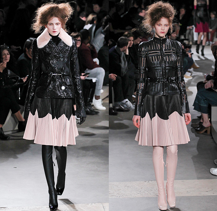 Alexander McQueen 2015-2016 Fall Autumn Winter Womens Runway Catwalk Looks - Mode à Paris Fashion Week Mode Féminin France - Edward Scissorhands Edwardian Era Distressed Lace Pinafore Maxi Dress Accordion Pleats Leather Crop Top Tiered Ruffles Roses Jacquard Shearling Coatdress Outerwear Jacket Trench Coat Sequins Sheer Chiffon Flowers Florals Botanical Embroidery Raw Hem Frayed Pants Trousers Silk