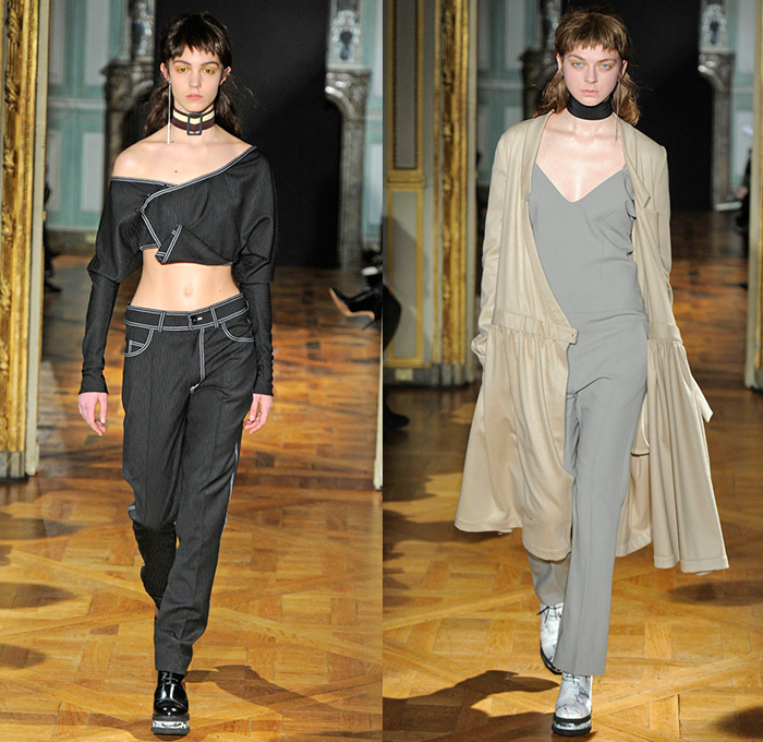 Anne Sofie Madsen 2015-2016 Fall Autumn Winter Womens Runway Catwalk Looks - Mode à Paris Fashion Week Mode Féminin France - Jeans Deconstructed Organic Layers Outerwear Coat Dress Ruffles Banded Strap Fringes One Off Shoulder Furry Shawl Blouse Skirt Frock Sheer Chiffon Sweater Cropped Pants Trousers Noodle Spaghetti Strap Stripes Asymmetrical Handkerchief Hem Embellishments Drapery Illustration Paint Smudge