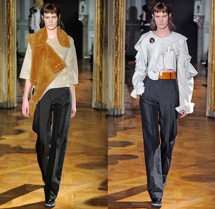 Anne Sofie Madsen 2015-2016 Fall Autumn Winter Womens Runway Catwalk Looks - Mode à Paris Fashion Week Mode Féminin France - Jeans Deconstructed Organic Layers Outerwear Coat Dress Ruffles Banded Strap Fringes One Off Shoulder Furry Shawl Blouse Skirt Frock Sheer Chiffon Sweater Cropped Pants Trousers Noodle Spaghetti Strap Stripes Asymmetrical Handkerchief Hem Embellishments Drapery Illustration Paint Smudge