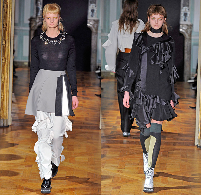 Anne Sofie Madsen 2015-2016 Fall Autumn Winter Womens Runway Catwalk Looks - Mode à Paris Fashion Week Mode Féminin France - Jeans Deconstructed Organic Layers Outerwear Coat Dress Ruffles Banded Strap Fringes One Off Shoulder Furry Shawl Blouse Skirt Frock Sheer Chiffon Sweater Cropped Pants Trousers Noodle Spaghetti Strap Stripes Asymmetrical Handkerchief Hem Embellishments Drapery Illustration Paint Smudge