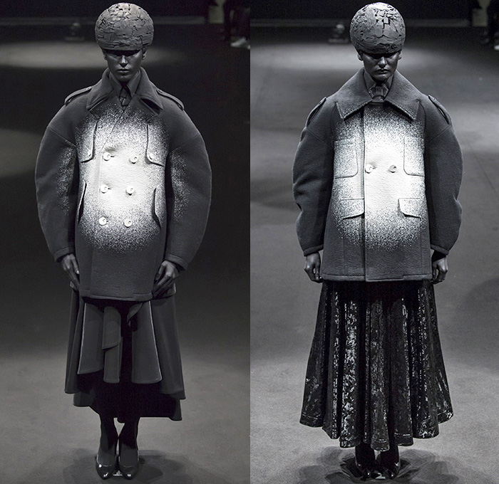 ANREALAGE 2015-2016 Fall Autumn Winter Womens Runway Catwalk Looks Designer Kunihiko Morinaga - Mode à Paris Fashion Week Mode Féminin France - Light Spotlight Dark Helmet Brain Balloon Sleeves Round Outerwear Coat Paint Splatter Houndstooth Plaid Racing Checks Chunky Knit Skirt Frock Silk Dress Ombre Fade Drapery Nipped-in Waist Blazer Pleats Organic Star Circle Patchwork Capelet Polka Dots Leaves Foliage