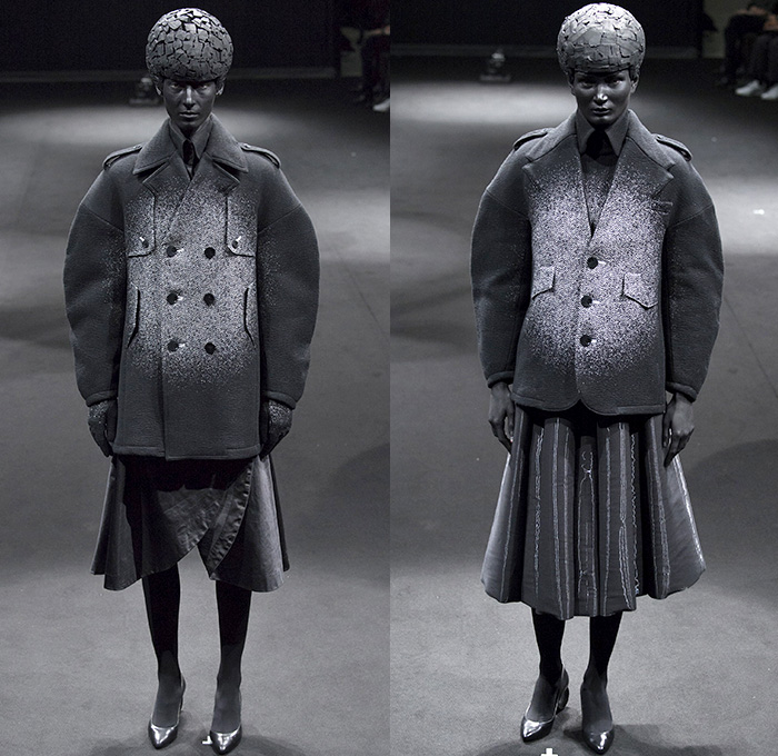 ANREALAGE 2015-2016 Fall Autumn Winter Womens Runway Catwalk Looks Designer Kunihiko Morinaga - Mode à Paris Fashion Week Mode Féminin France - Light Spotlight Dark Helmet Brain Balloon Sleeves Round Outerwear Coat Paint Splatter Houndstooth Plaid Racing Checks Chunky Knit Skirt Frock Silk Dress Ombre Fade Drapery Nipped-in Waist Blazer Pleats Organic Star Circle Patchwork Capelet Polka Dots Leaves Foliage